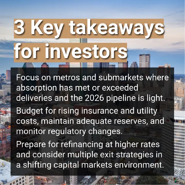 Infographic: 3 Key Takeaways for Texas Investors Q1 2026. 1. Focus on high-absorption metros. 2. Budget for rising insurance costs. 3. Prepare for refinancing at higher rates.